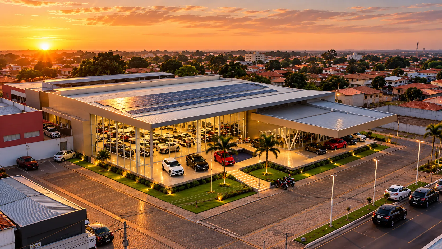 Vista aérea da Van Veículos ao entardecer, com o salão envidraçado e o pátio