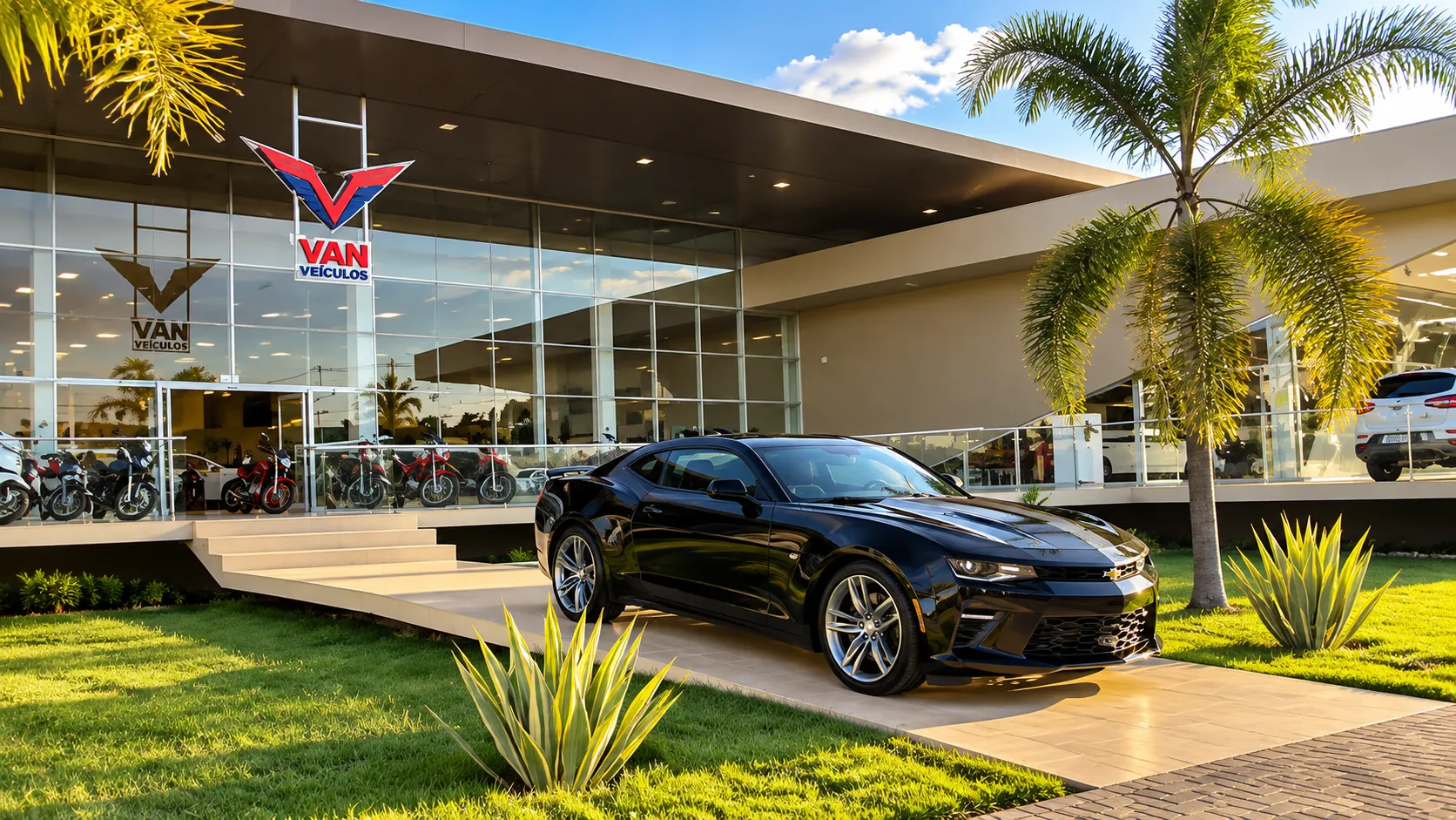 Fachada da Van Veículos com um Chevrolet Camaro preto em frente à entrada