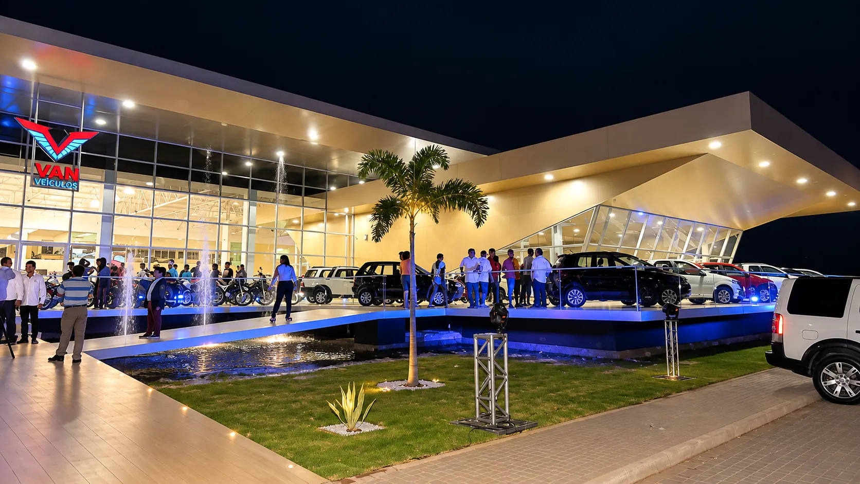 Fachada iluminada da loja durante um evento à noite