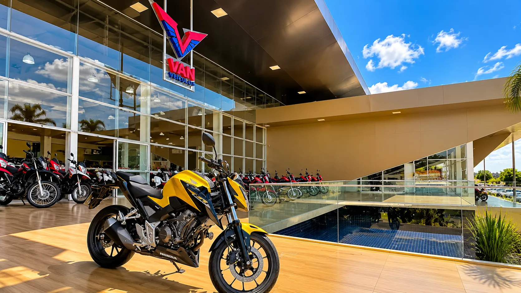 Honda CB amarela exposta na entrada da loja, com motos alinhadas ao fundo