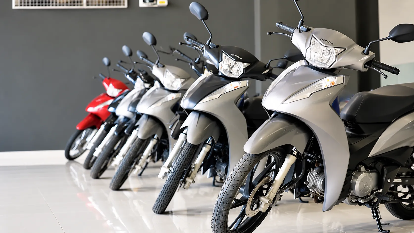 Fileira de motos novas no piso do salão