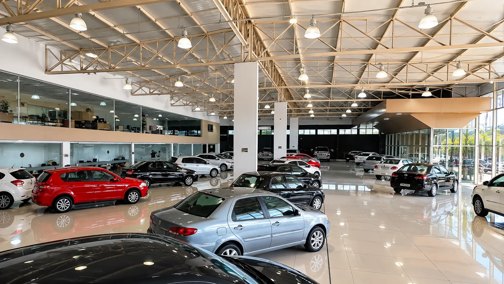 Salão interno amplo com carros seminovos expostos lado a lado